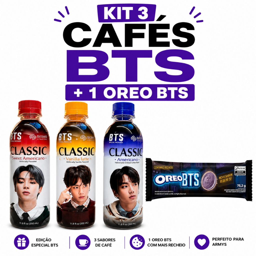 Kit Café e Oreo Coreano BTS Oficial Hot Brew Importado - 3 Unidades Sabor Americano Colecionável + 1 Oreo BTSARMY 350ml