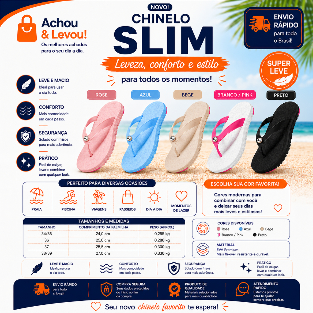 Chinelo Feminino Slim Leve Confortavel Antiderrapante EVA Rasteirinha Praia Piscina Dia a Dia