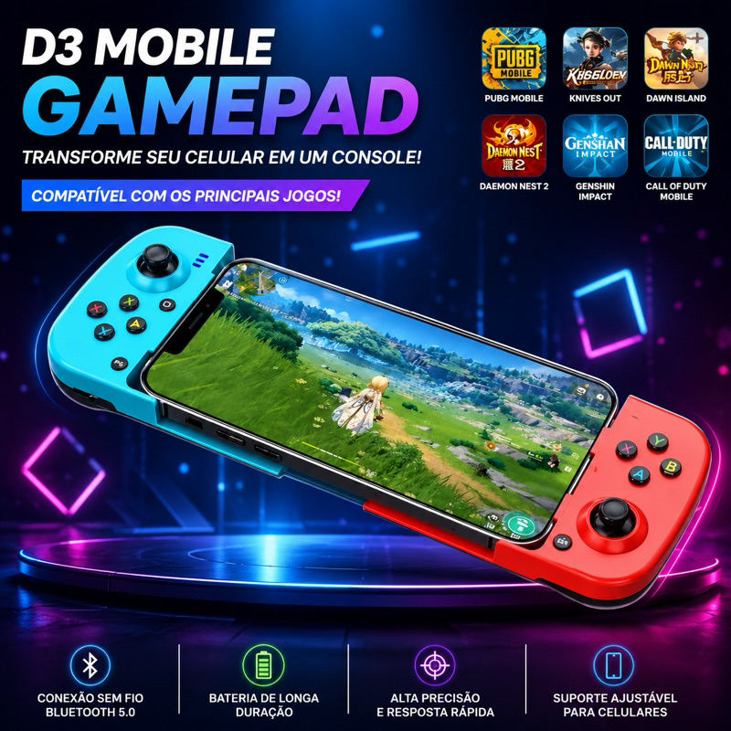 Gamepad D3: Controle sem fio Multiplataforma para Celular, Android, IOS, PC, com Bluetooth 5.0