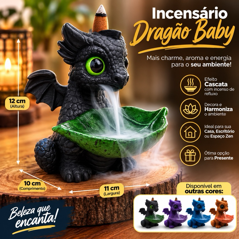 Imagem Incensário Cascata De Fumaça Decorado Baby Dragão Porta Incenso Decoração Ambiente