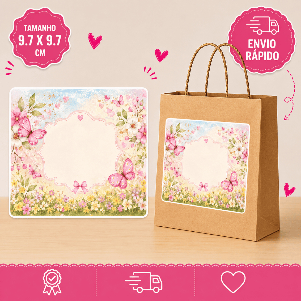 Adesivo Personalizado para Sacolinha de Aniversário Jardim das borboletas 9,7x9,7cm | Rótulo para Lembrancinha