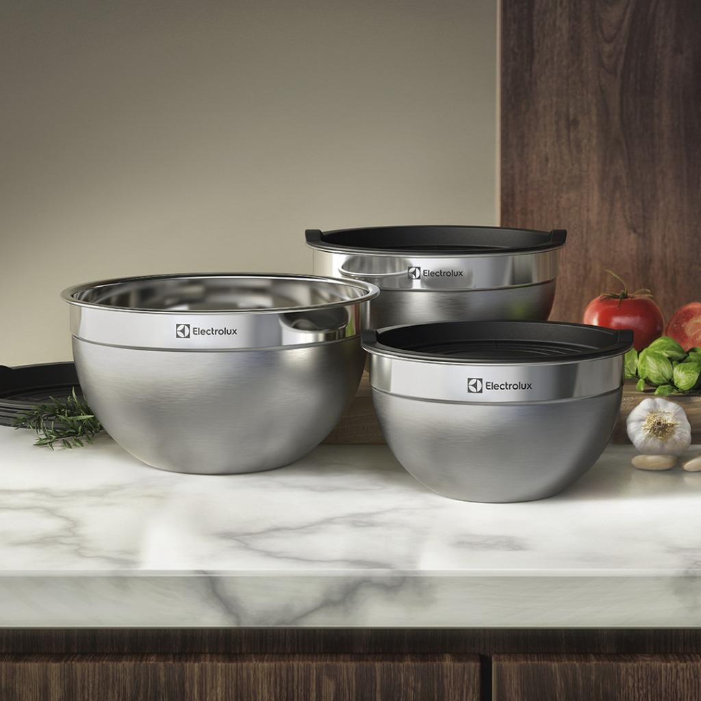 Kit 3 Bowls Tigelas Inox Electrolux com Tampa Plástica 1,4L 2L 2,6L Livre de BPA para Geladeira