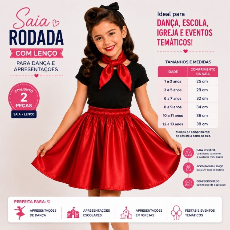 Saia Rodada Infantil com Lenço para Dança e Apresentação Anos 50 60 70 e 80 — imagem 2 de 2