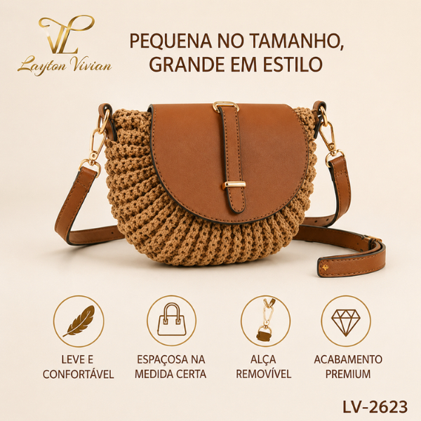 Bolsa Feminina de Crochê Meia-Lua com Aba em PU Alça Ajustável Tiracolo para Praia Passeio Viagem Verão Casual