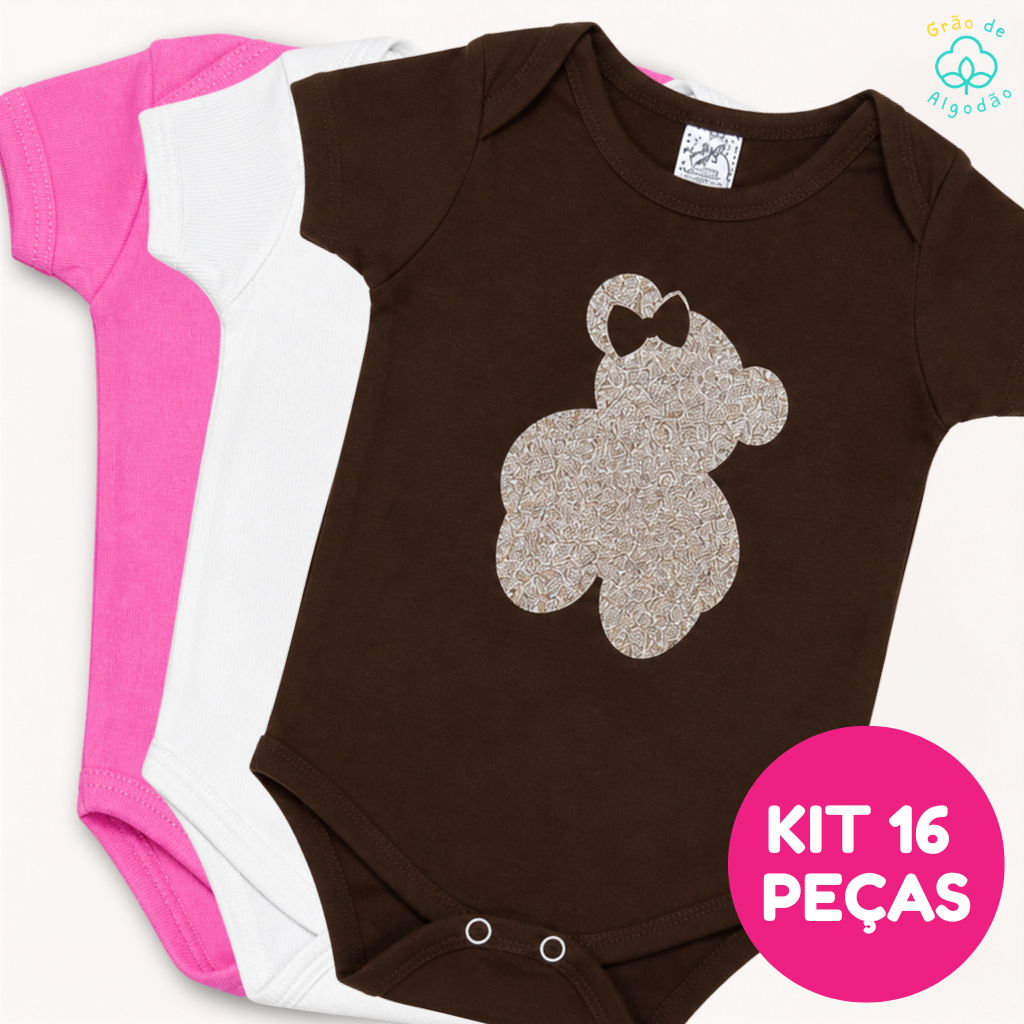 Kit 8 Body Manga Curta Estampado + Short Roupa de Bebê Malha/Canelada/Algodão Menina