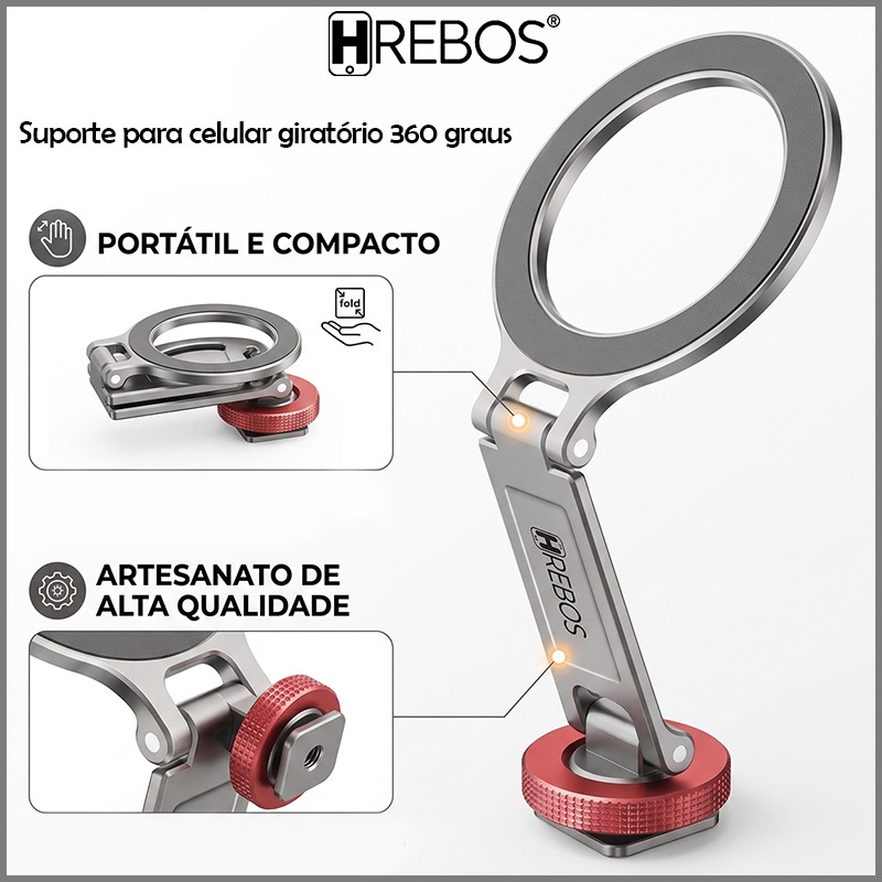 HREBOS Suporte magnético dobrável para smartphone pode girar 360° Ergonomicamente projetado com liga metálica