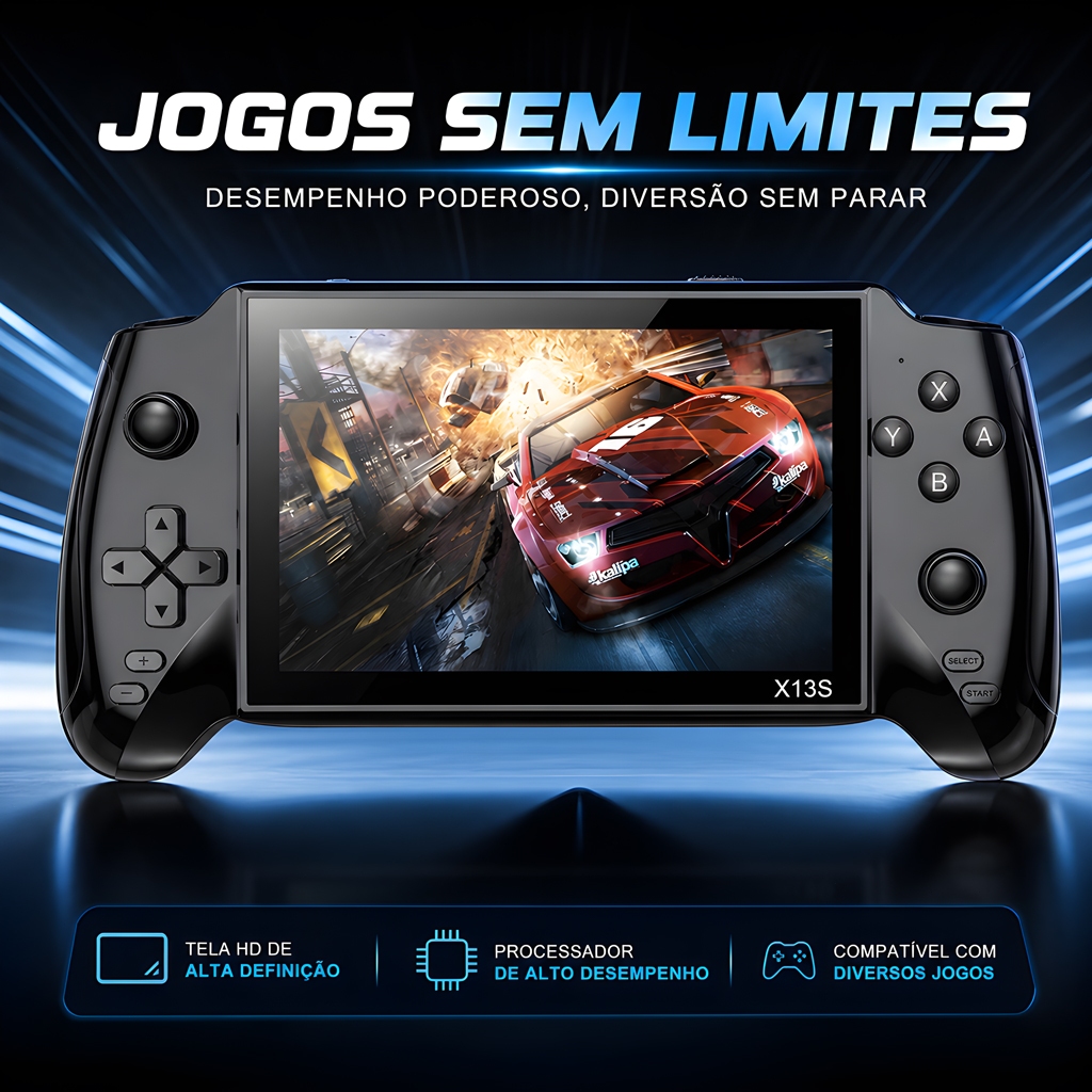 Console Portátil X13S, Tela de 5,5 Polegadas, Duplos Joysticks Analógicos, Expansão por Cartão TF, Conexão a TV, Desempe