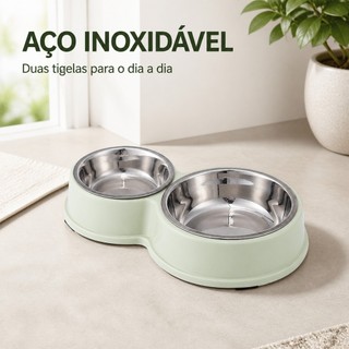 Comedouro e Bebedouro Duplo em Aço Inoxidável para Cães e Gatos, 2 Tigelas Práticas