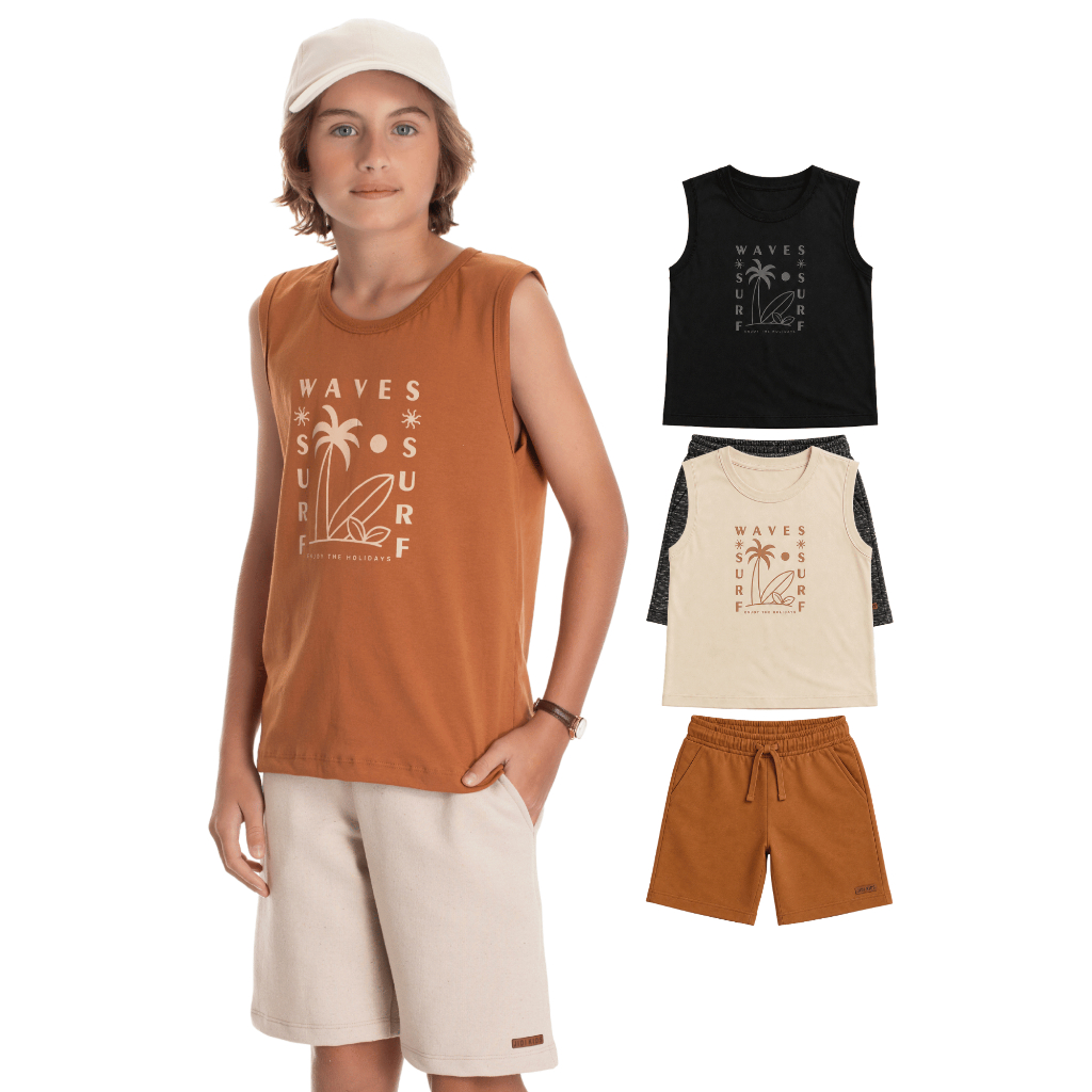 Conjunto Juvenil Masculino Regata Bermuda Moletinho Ecológico Surf Praia Tamanho 10 12 14