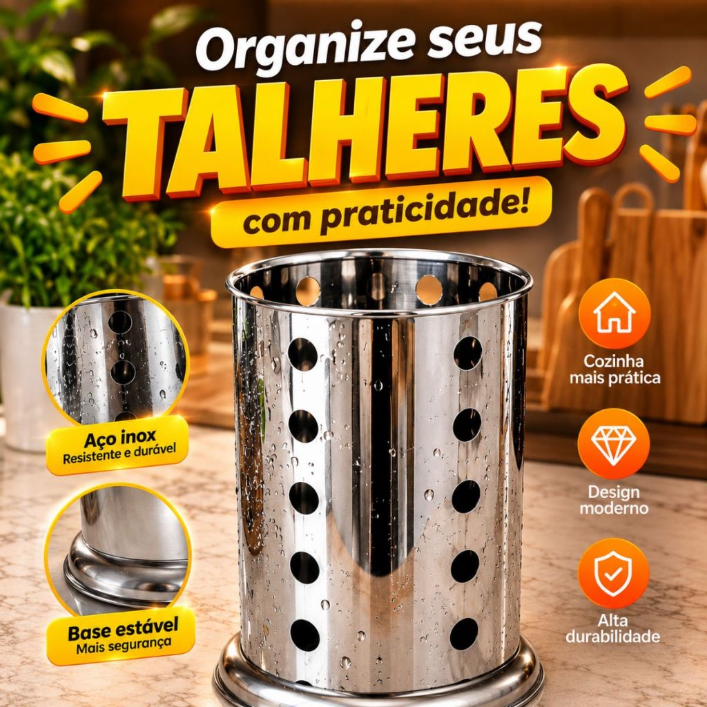Porta Talheres em Aço Inox Escorredor De Pia Organizador de Utensílios para Cozinha Resistente e Perfurado
