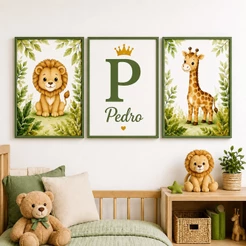 Quadro Infantil Safari Personalizado Nome e Inicial Kit 3 Peças Quarto Bebê Menino MDF