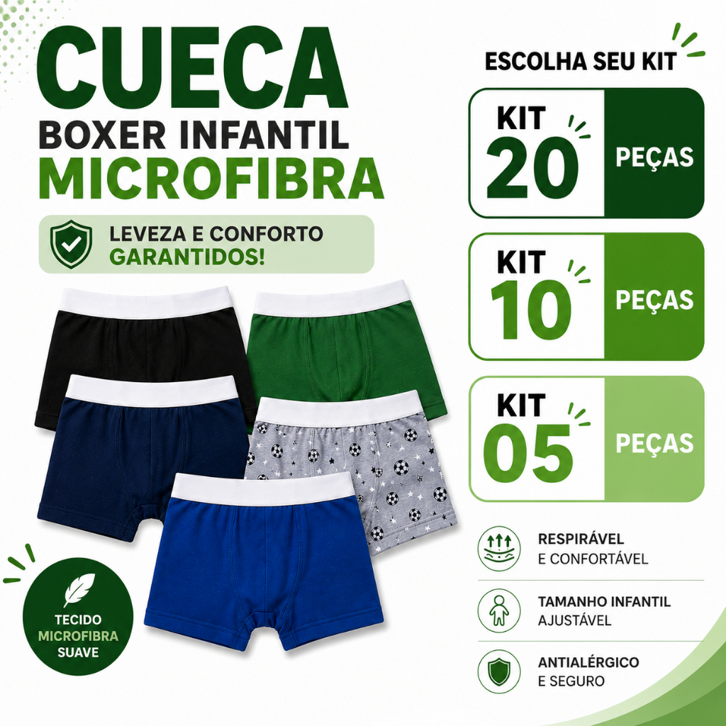 Kit 20 10 5 Cuecas Boxer Infantil Menino Microfibra Confortável Masculina