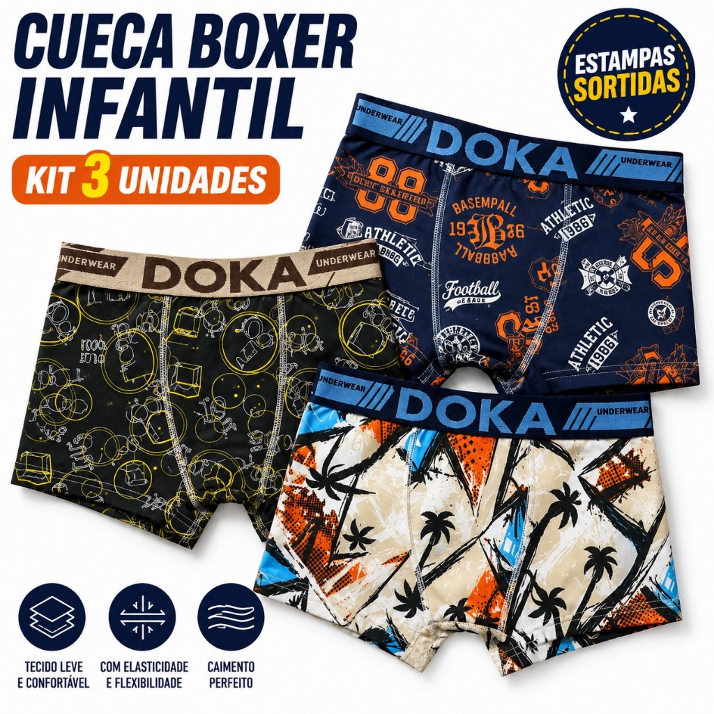 Kit 3 Unidades Cueca Boxer Infantil Juvenil Estampada Menino Cós Elástico Estampas Sortidas