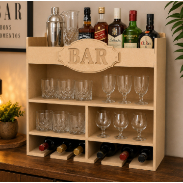 Adega Bar MDF Taças Garrafa Bebidas Barzinho Parede Organizador Suporte Casa Decoração
