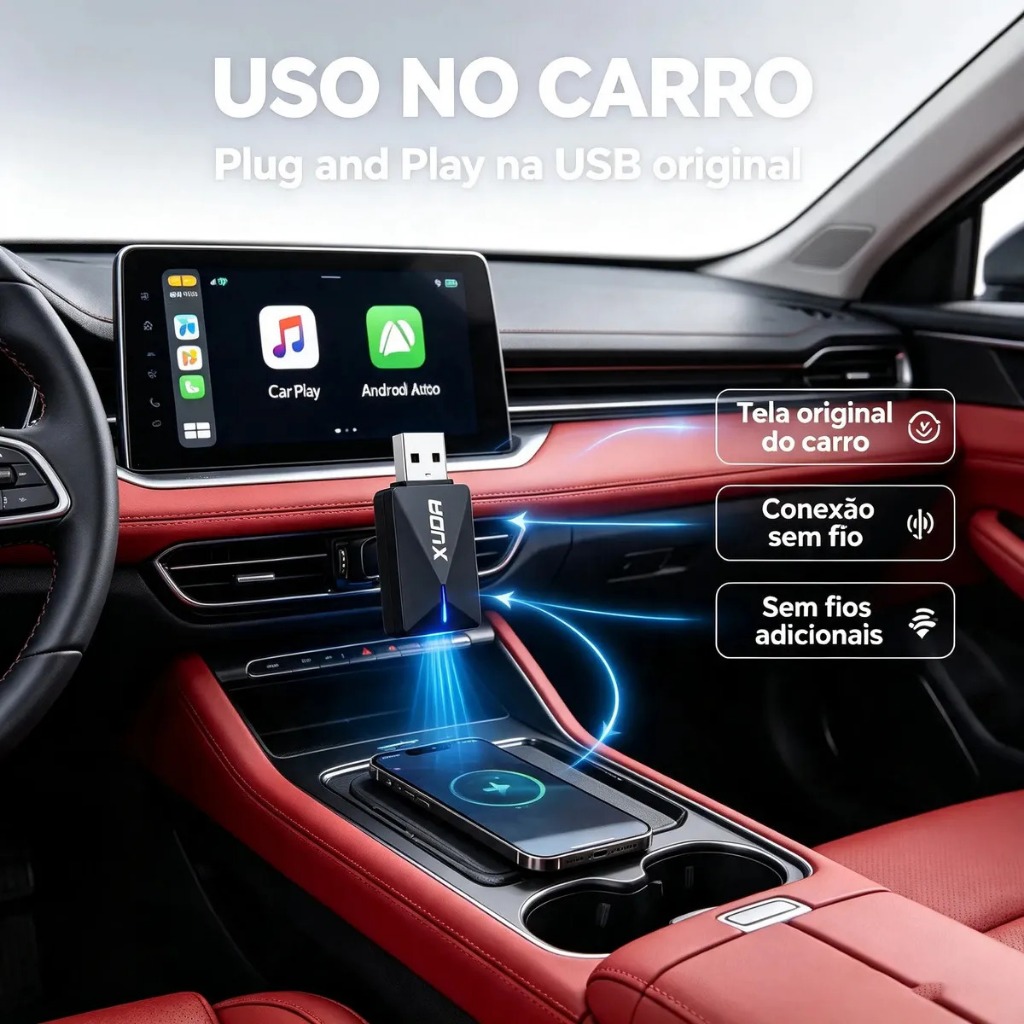 Adaptador CarPlay e Android Wireless via Bluetooth Auto 2 em 1 XUDA – Conexão Sem Fio para Centrais Multimídia
