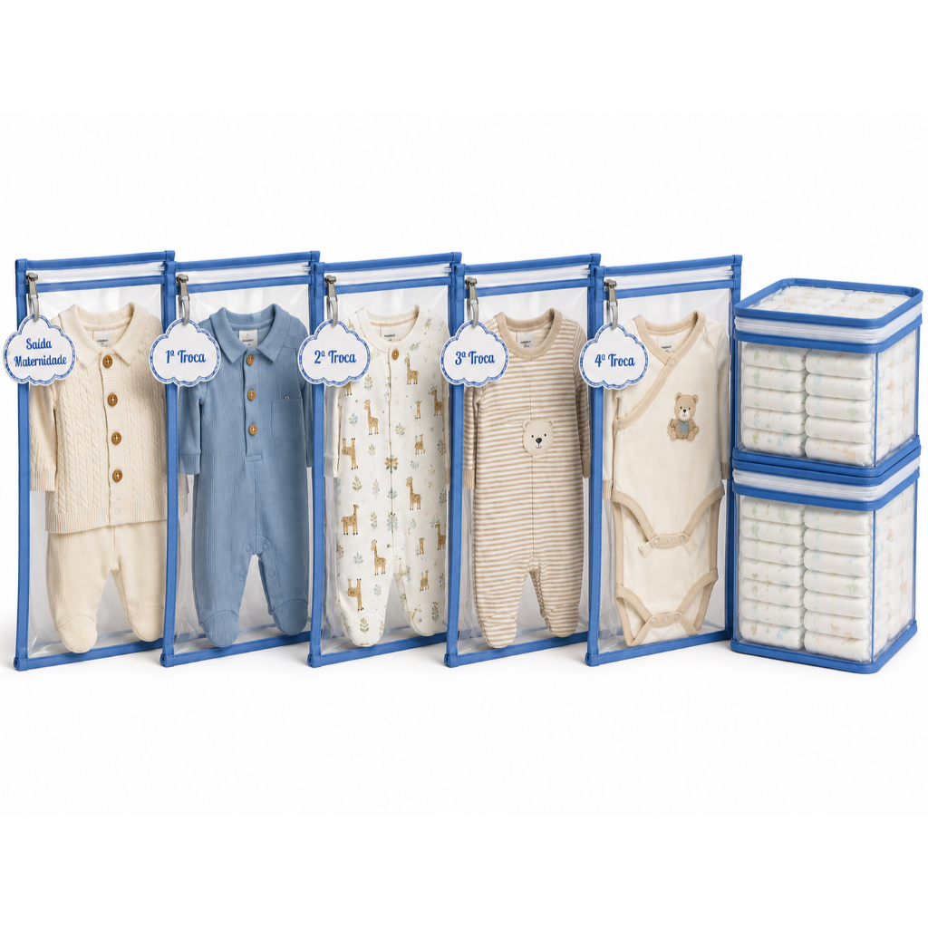 Kit 5 Saquinhos Maternidade Zíper com TAG de Identificação + 2 Nécessaire Porta Fraldas Remédio