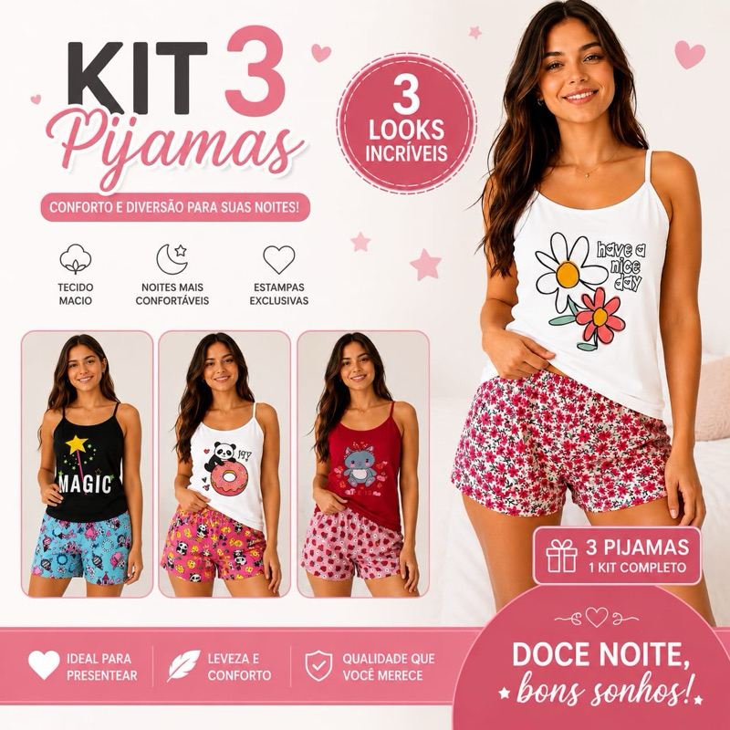 * Kit 3 Conjuntos de Pijama Feminino Sortidos Estampados