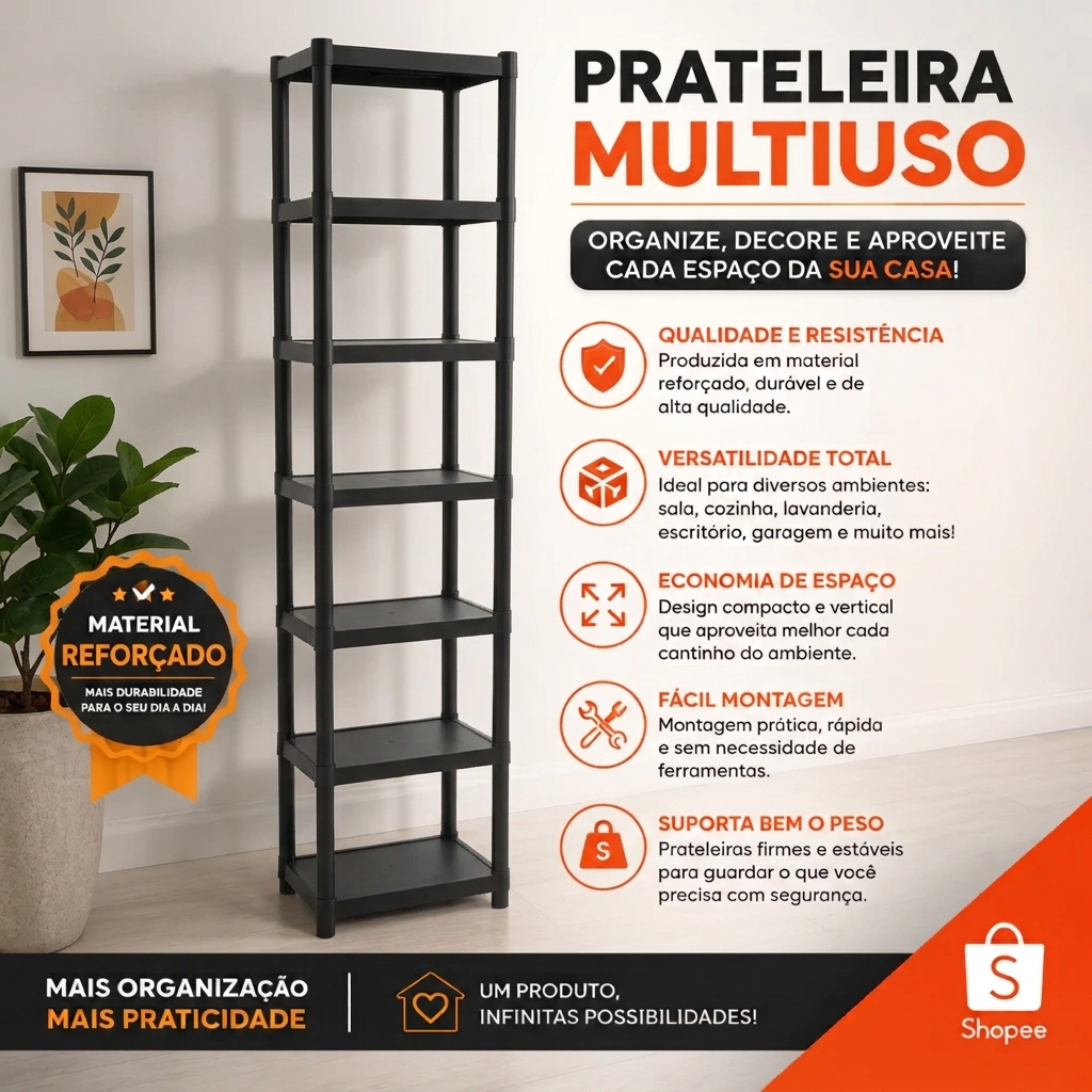 Estante Organizadora Multiuso 7 Andares Preta Prateleira Sapateira Banheiro Cozinha Quarto Lavanderia Casa Escritório
