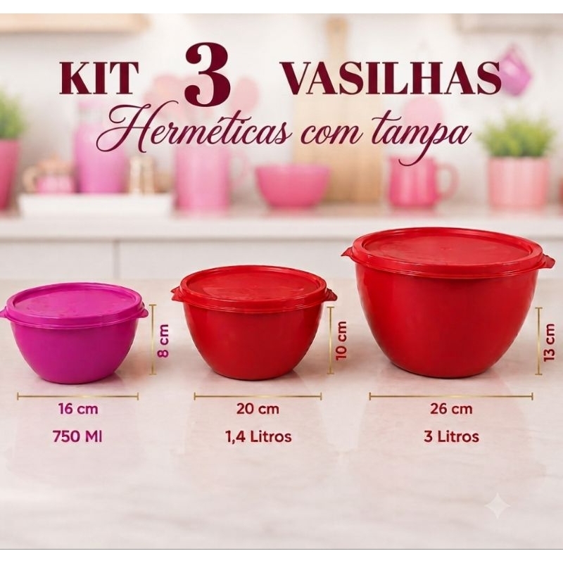 Kit 3 vasilhas de plástico resistente com tampa hermética - Salada, Pipoca, Marmita, Freezer, Micro-