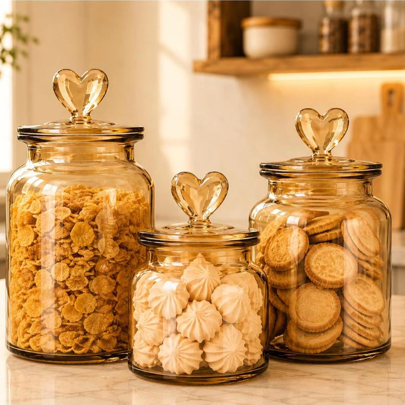 Pote Vidro Âmbar Hermético Decor Afeto Coração