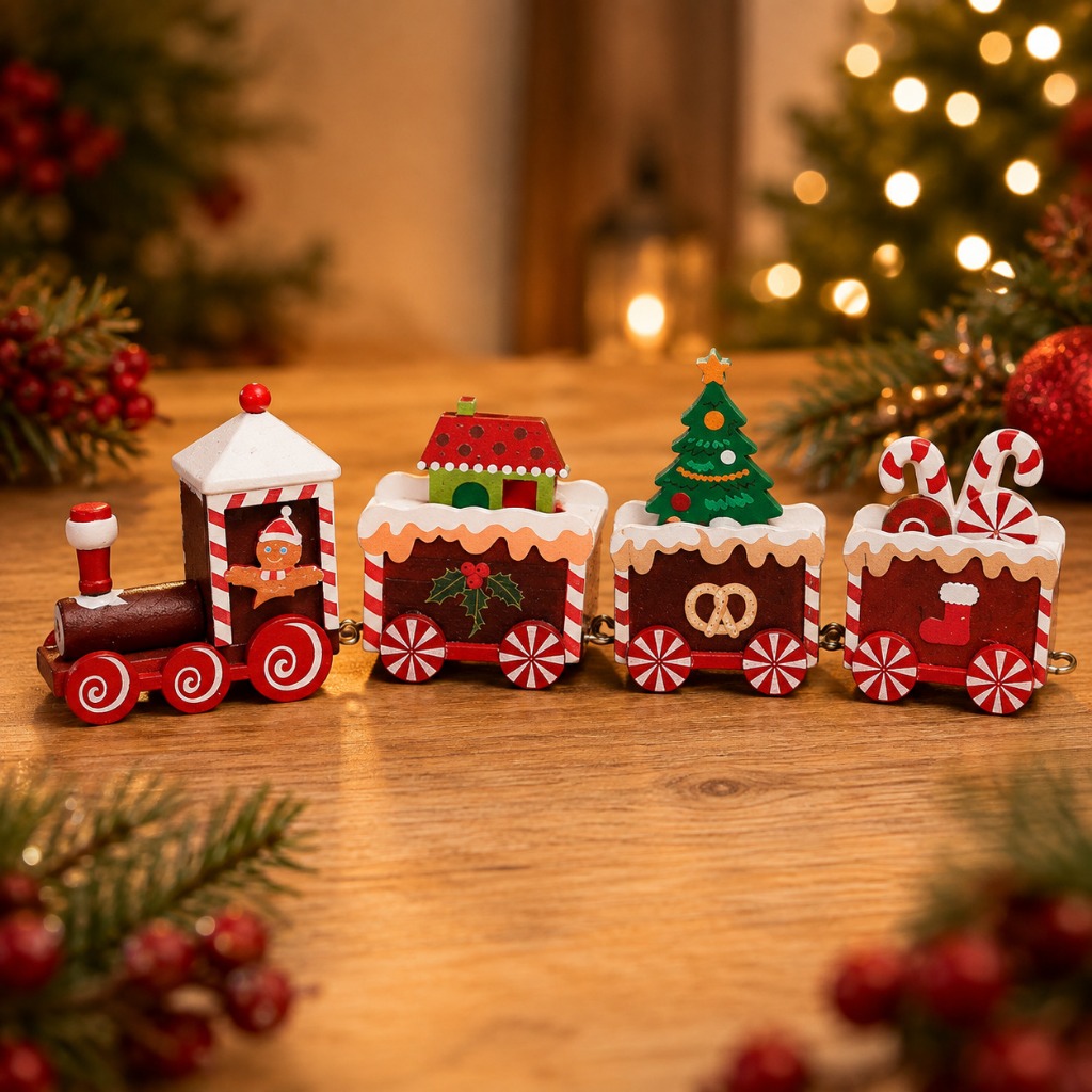 Trem Natalino Decorativo Natal Enfeite De Madeira Com 4 Vagões