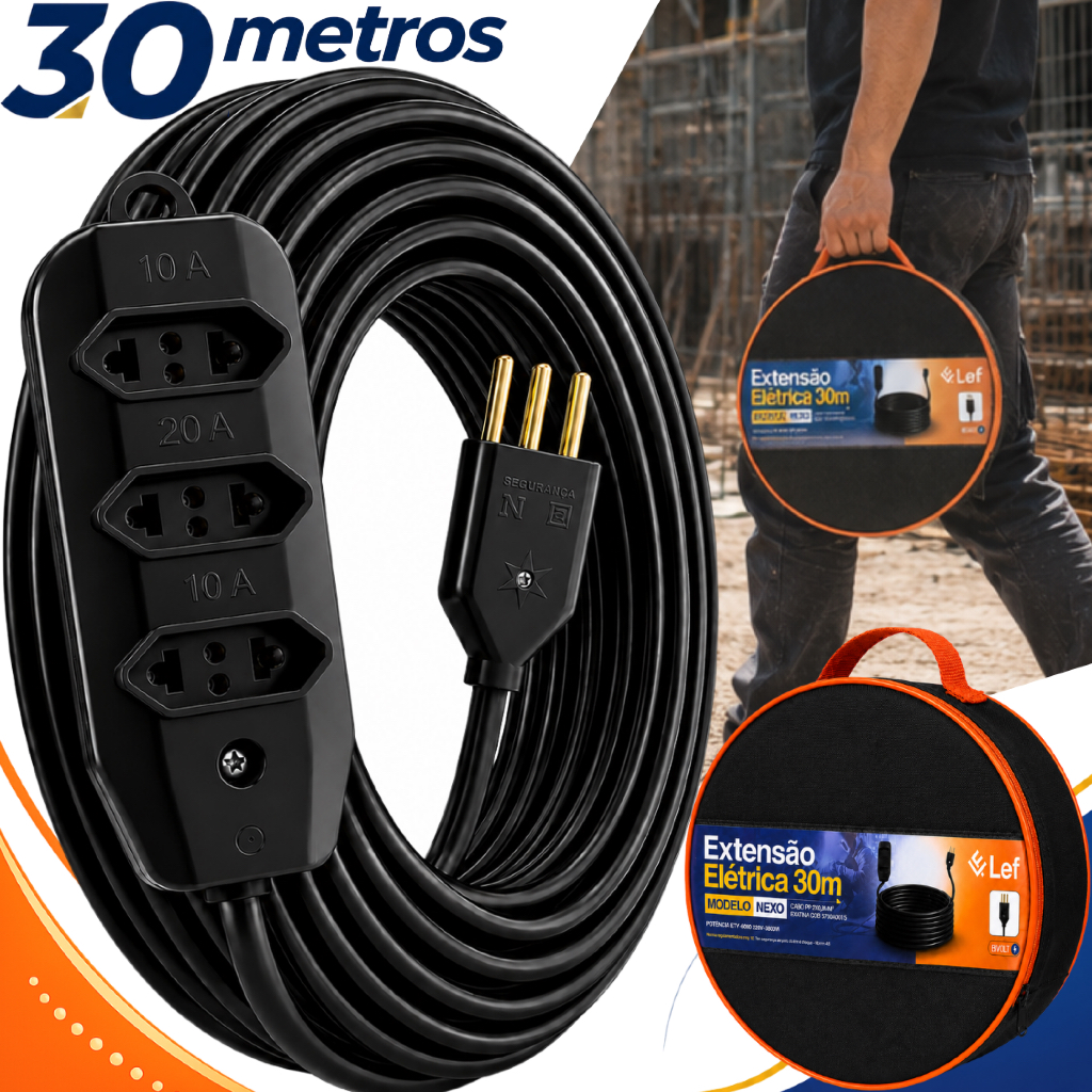 Extensão 30 Metros Reforçada Cabo Pp 2x2,5mm 20a 3 Tomadas,obras, Máquinas E Ferramentas camping
