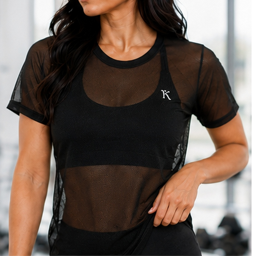 Blusa feminina Transparente de Tule  Academia e Treino Manga Curta Fitness do P ao GG