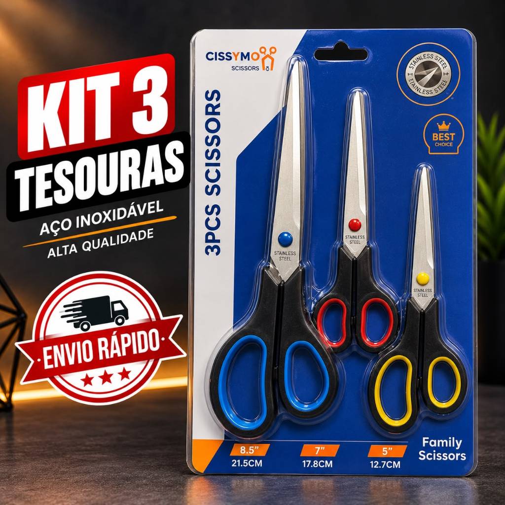 Kit 3 Tesouras Aço Inox Multiuso Profissional Costura Tecido Cozinha Artesanato