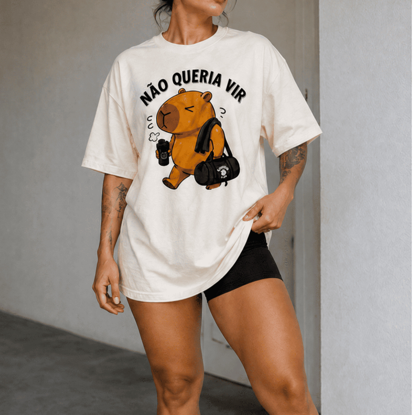 Camiseta Oversized Feminina Algodão Premium Estampa Engraçada Academia Frase Não Queria Vir