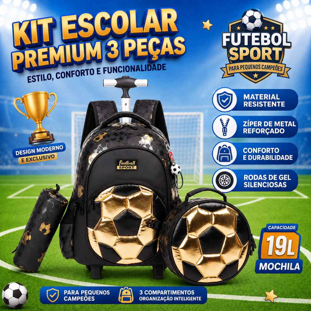 Kit Mochila Lancheira Térmica Estojo Escolar Menino Bola Futebol