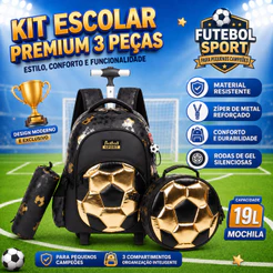 Kit Mochila Lancheira Térmica Estojo Escolar Menino Bola Futebol