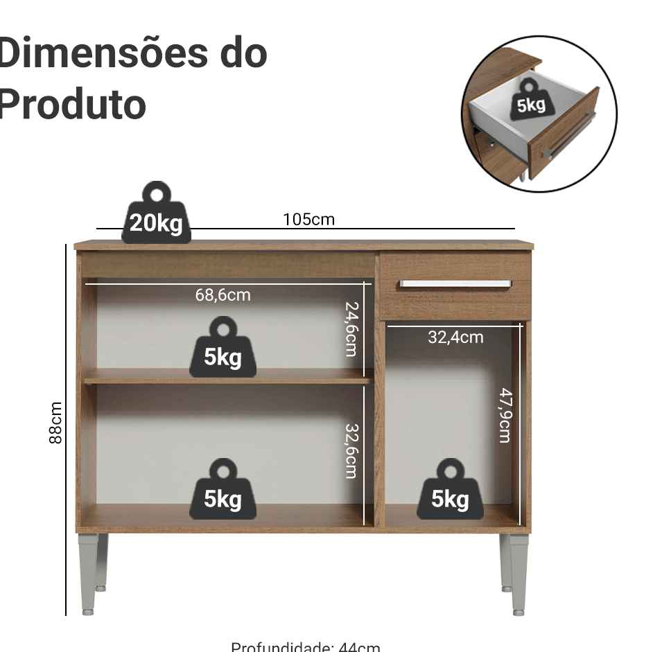 Balcão Gabinete Armário de Cozinha 3 Portas e 1 Gaveta Rustic Emilly Madesa · foto 2