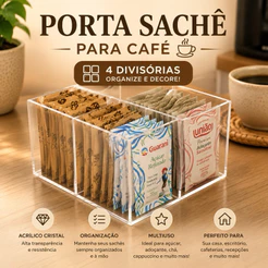 ☕ Porta Sachê Açucar Adoçante Para Café em Acrílico – Com 4 Divisórias