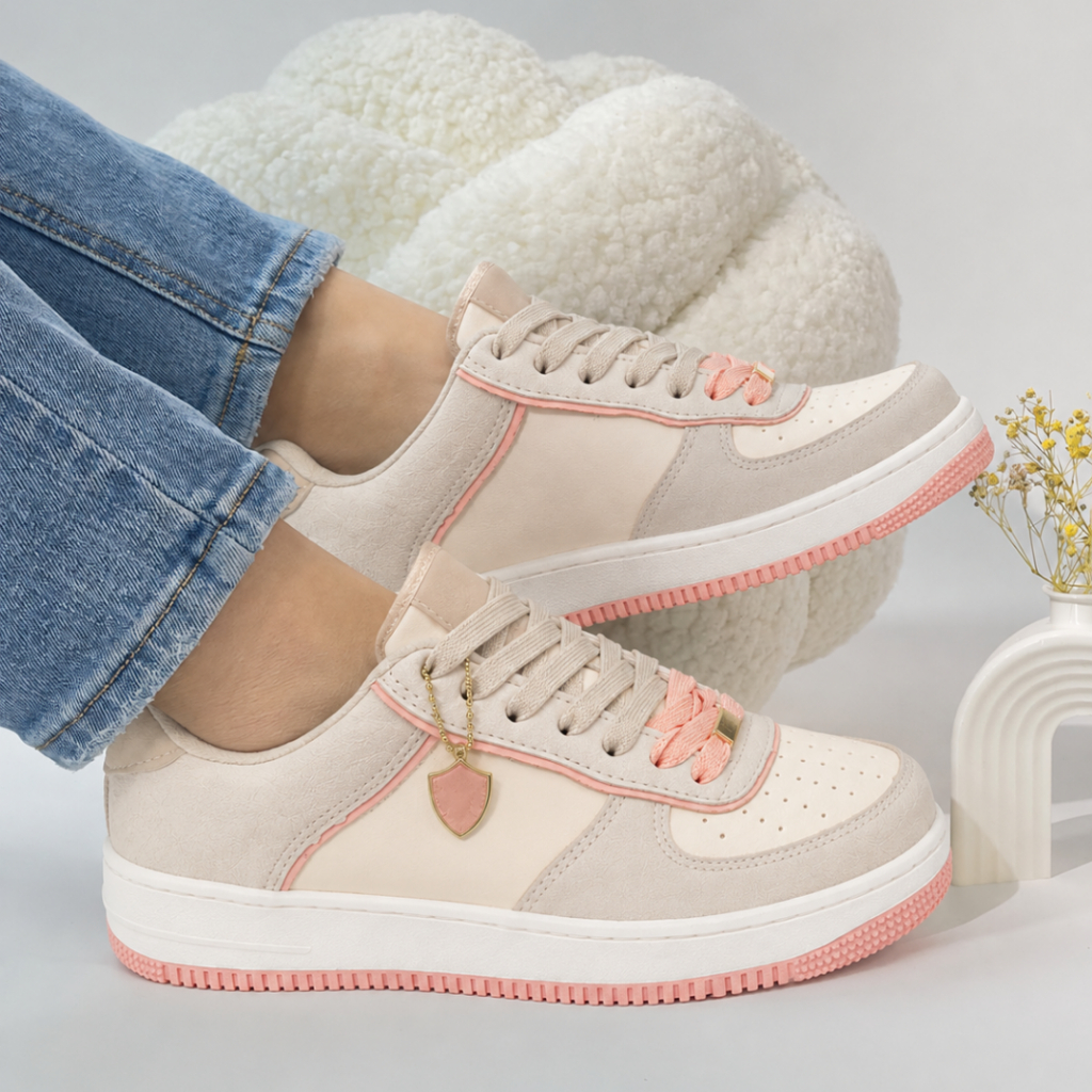 Tênis Feminino Bege Rosé Corrente Dourada Confortável Moderno Estilo Urbano Elegante