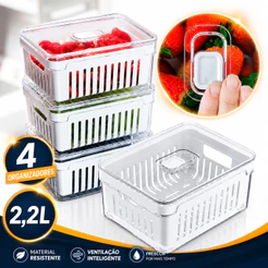 Kit 4 Organizadores Geladeira Com Cesto de Drenagem 2,2 Litros Tampa Acrílico
