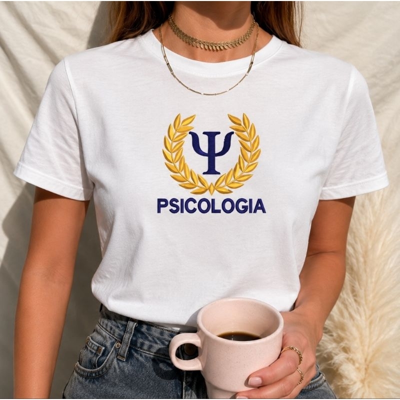Camiseta Feminina Babylook Tshirt Psicologia Curso Faculdade Simbolo Azul Dourado 100% Algodão