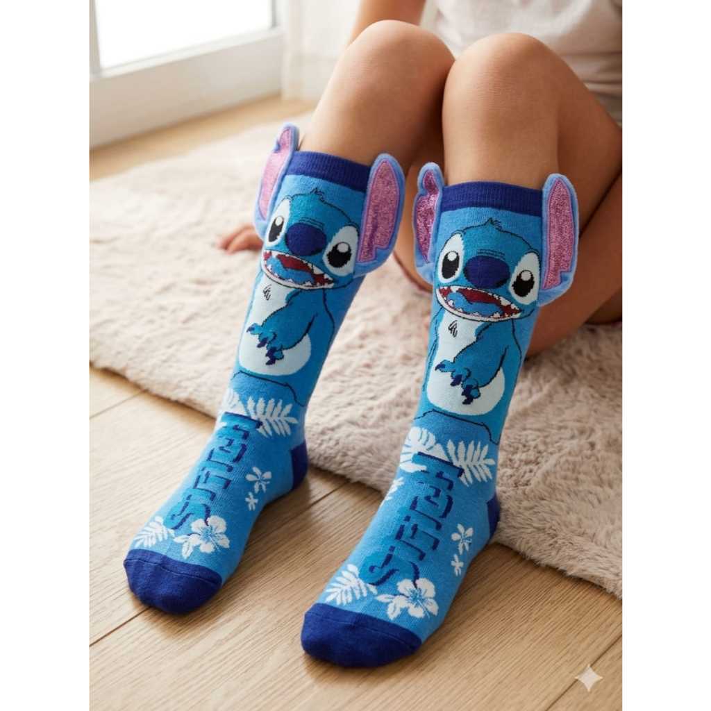 Meia Maluca Meia Cano Alto Stitch Disney com Orelhas 3D Adulto e Infantil Tamanho Unnico — imagem 2 de 2