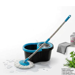 Mop Esfregão Giratório Magic Clean 360° - Azul Tiffany, Cabo Aço Inox, Microfibra Ultra Macia