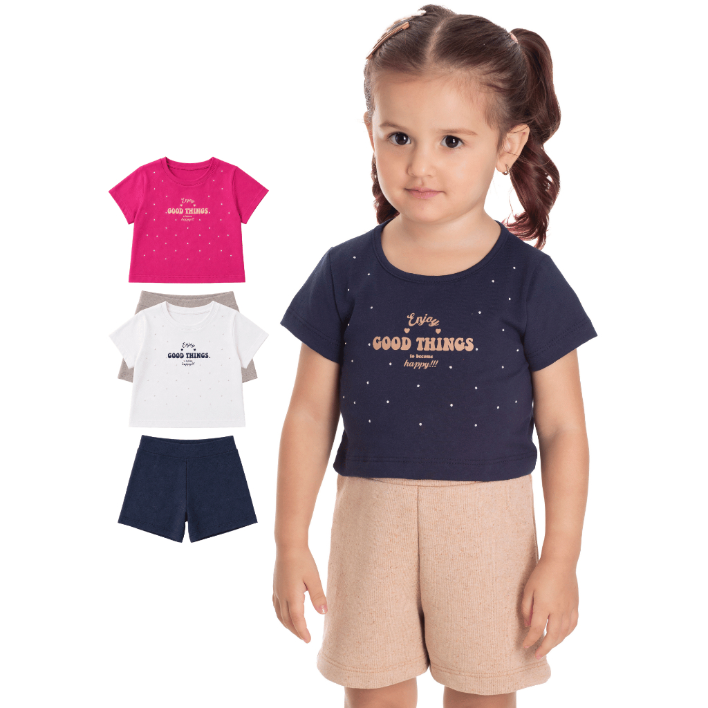 Conjunto Infantil Feminino Camiseta com Strass Bermuda Moletinho Ecológico Tamanhos 1 2 3
