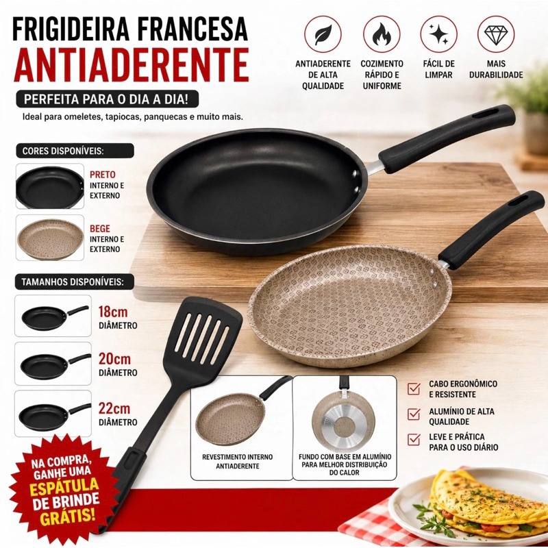 Frigideira Francesa Anti Aderente 5 Camadas de Teflon Omeleteira | Panqueca|14 18 20 22 Cm