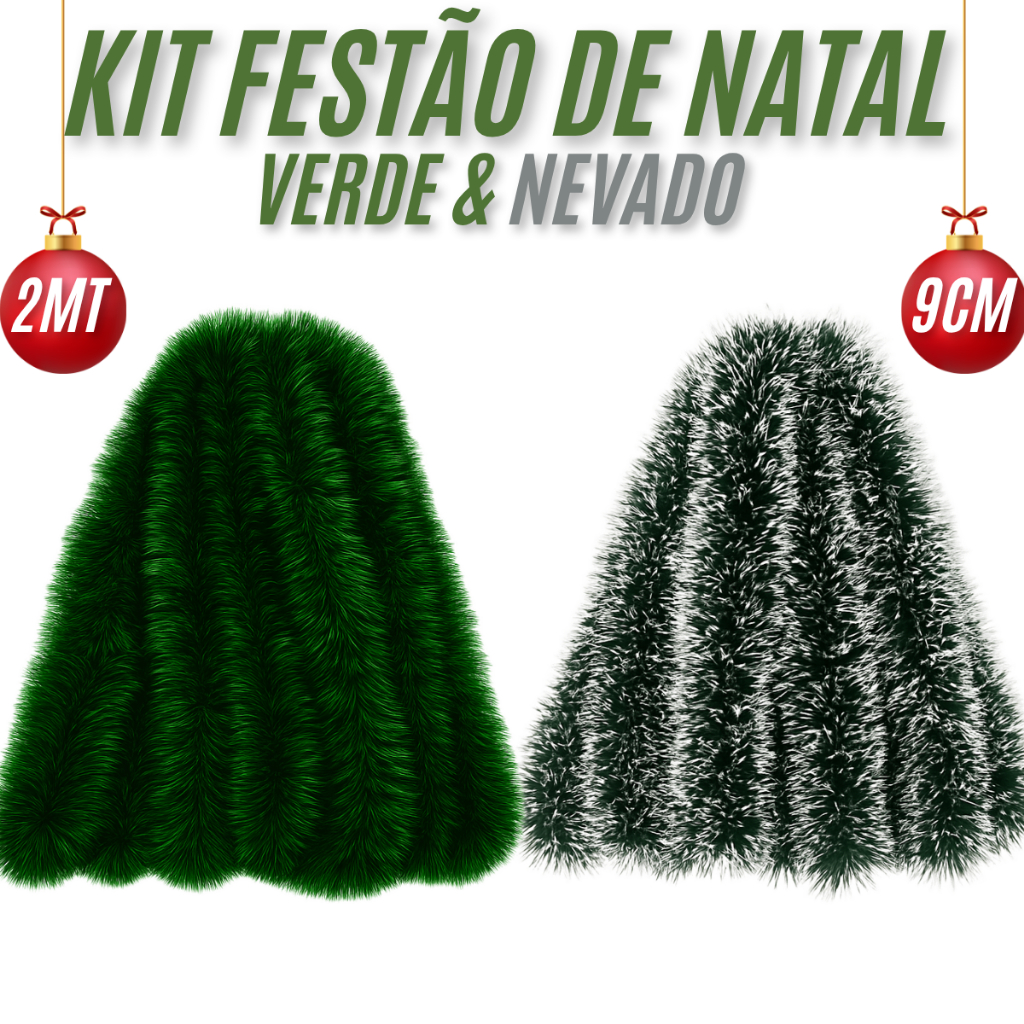Kit 6/10/20 Metros Festão de Natal Decoração Enfeite Natalino 2 Metros 9cm Espessura Verde e Nevado