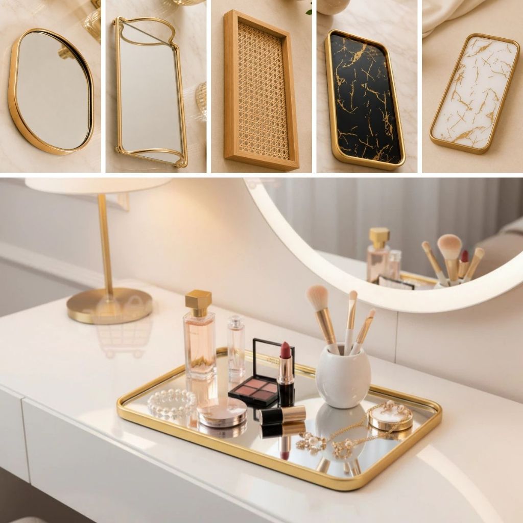Bandeja Decorativa Espelhada Multiuso Sala Quarto Maquiagem Decoração 20x30CM Luxuosa Dourada Preta