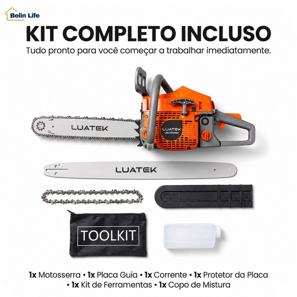 Motosserra a Gasolina LUATEK 56cc 2,4 kW 8.500 RPM com Sabre e Kit para Corte de Madeira