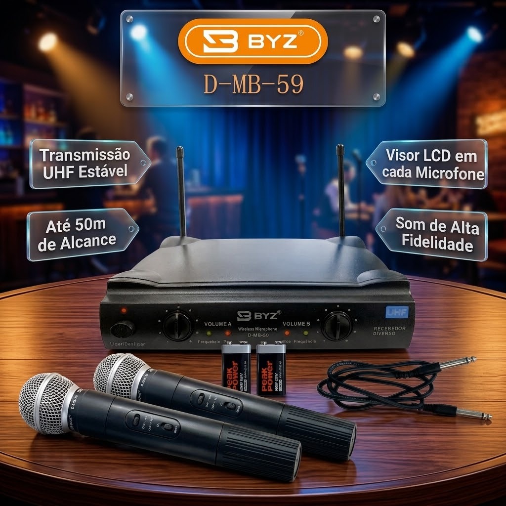 Kit 2 Microfones Sem Fio Profissional BYZ D-MB-59 UHF + Base Receptora
