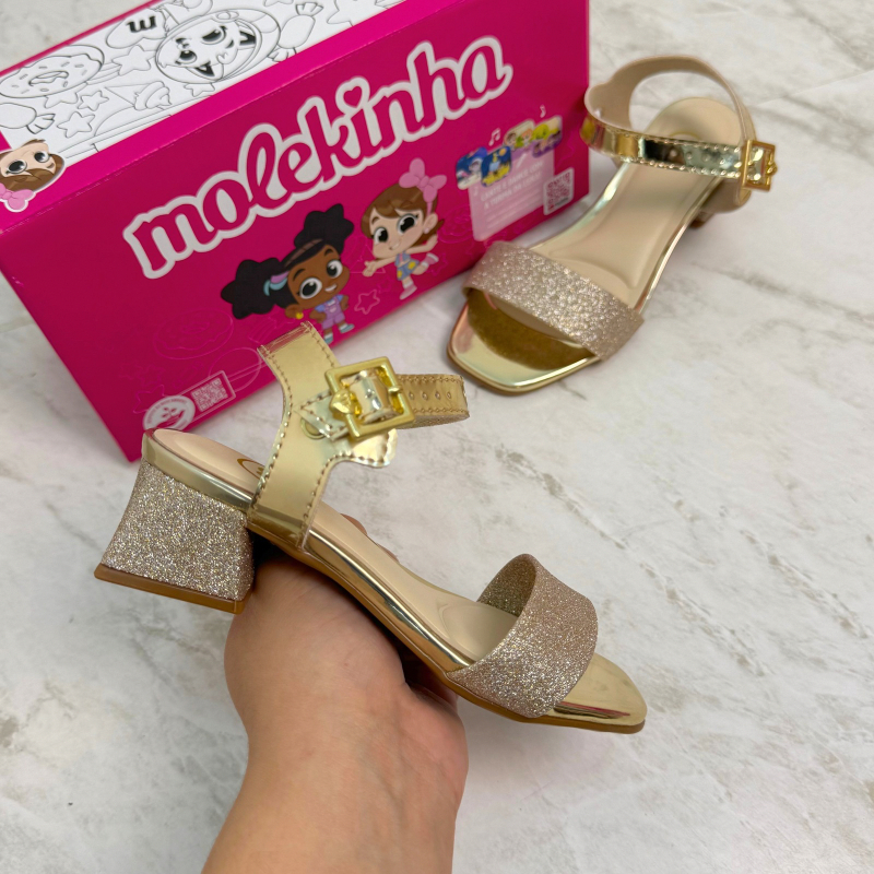 Sandália Salto Infantil Menina Molekinha Fivela Brilho Glitter Salto Bloco Elegante