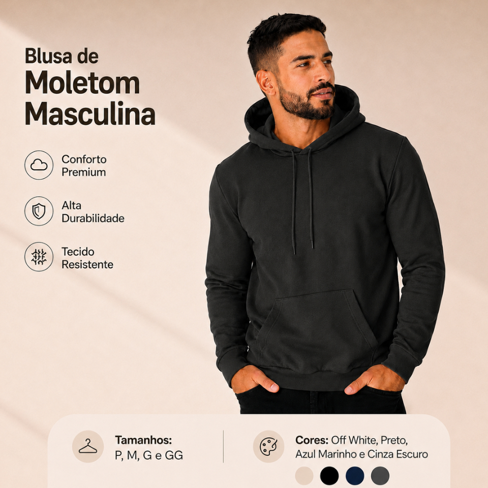 Blusa Moletom Masculina Capuz Bolso Canguru Casual Inverno