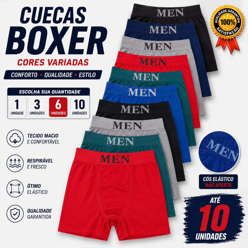 Kit Até 10 Cuecas Boxers Masculina Adulto Juvenil Microfibra Lisas Sem Costura Acabamento Premium Tecido Leve Respiravel