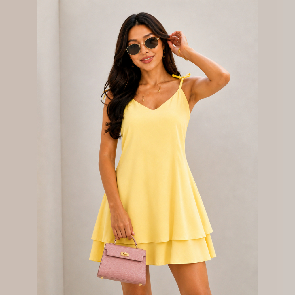 Vestido Feminino Curto de Alcinha com Bojo Soltinho Elegante Babado Tecido Dunas Verão