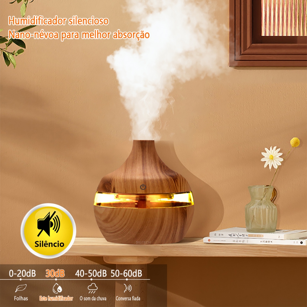 Umidificador Com Madeira Difusor de Aromatizador LED De 7 Cores Ar Fresco E Brilho Aconchegante Névoa Contínua