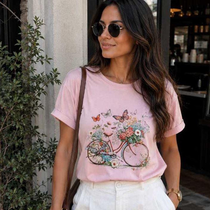 Camiseta T-Shirt Feminina Estampada Bicicleta Flores e Borboletas 100% Algodão Premium Confortavel
